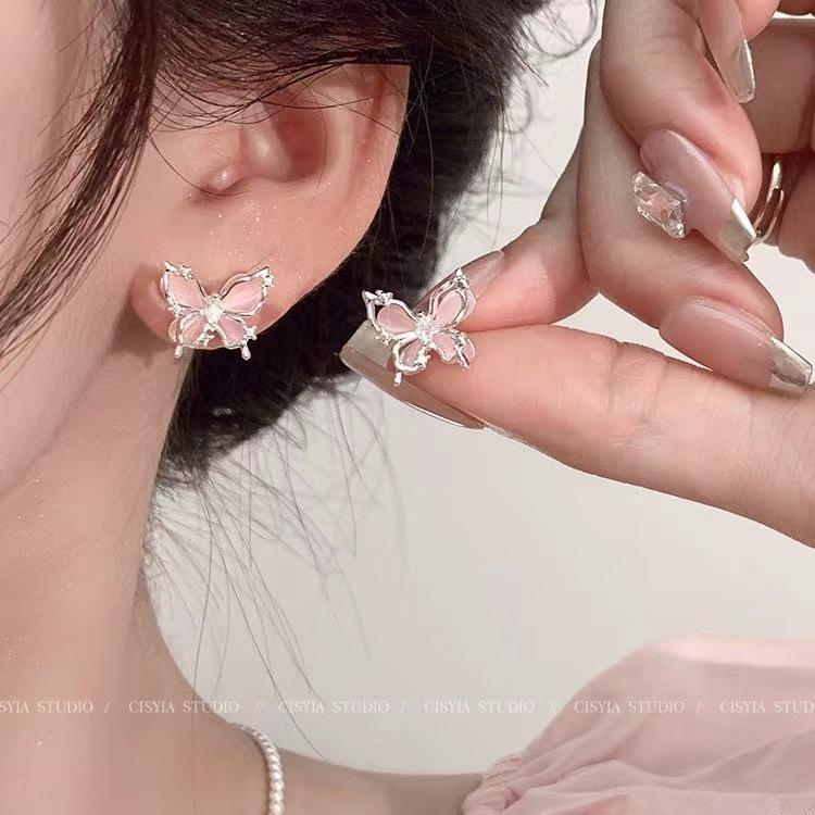 925 Silver Pink Heart Flower Butterfly Tassel Earrings - Sweet, Elegant, and Whimsical Design