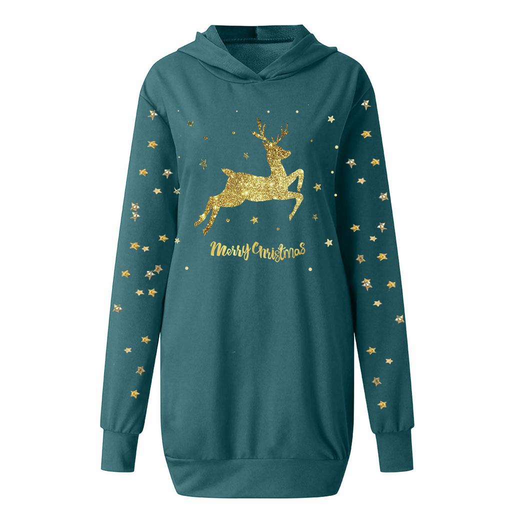 Sweat-shirt à capuche et manches longues pour femmes, imprimé de noël, poche mi-longue, avec poche