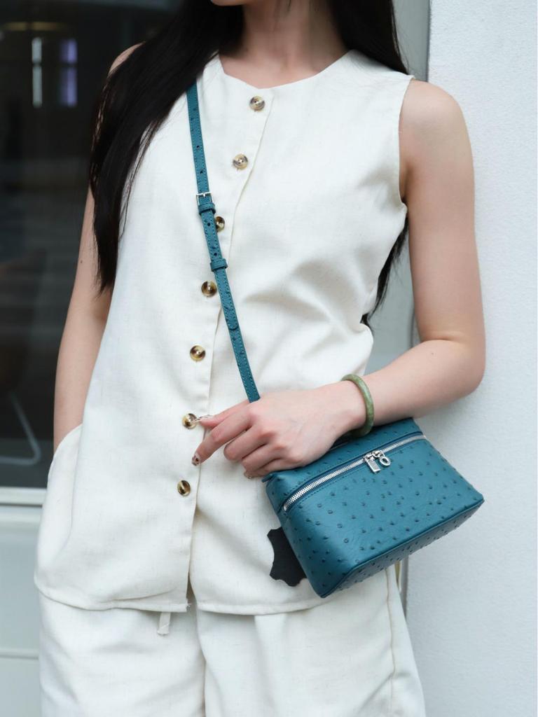 Genuine Leather Ostrich Pattern Women's Handbag & Crossbody Cosmetic Bag