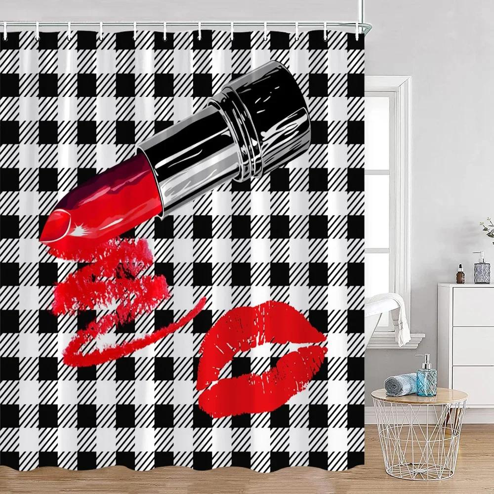 Pink Perfume Shower Curtain Cosmetic Lip Flower Panther Pattern Bathroom Decorations Shower Curtain