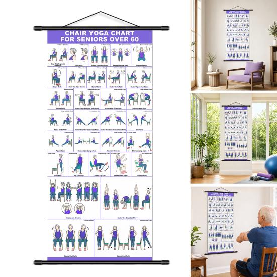 Chair Yoga Wall Chart, Canvas Poster with Hanging Rod And Rope, Chair Yoga Chart for Seniors Beginners Home Stretching Mobility Guide