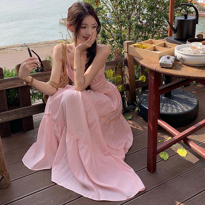 Pastoral Style Pink Long Dress for Women 2025 Summer Beach Spaghetti Strap Dresses Woman Vacation Sleeveless A Line Sundress