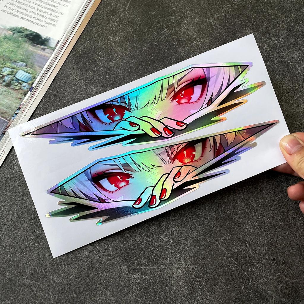 32 Stück/Packung 12cm Lange JDM Anime Mädchen Aufkleber Laser Regenbogen Auto Fenster Windschutzscheibe Motorrad Karosserie Moto Helm Zubehör Aufkleber