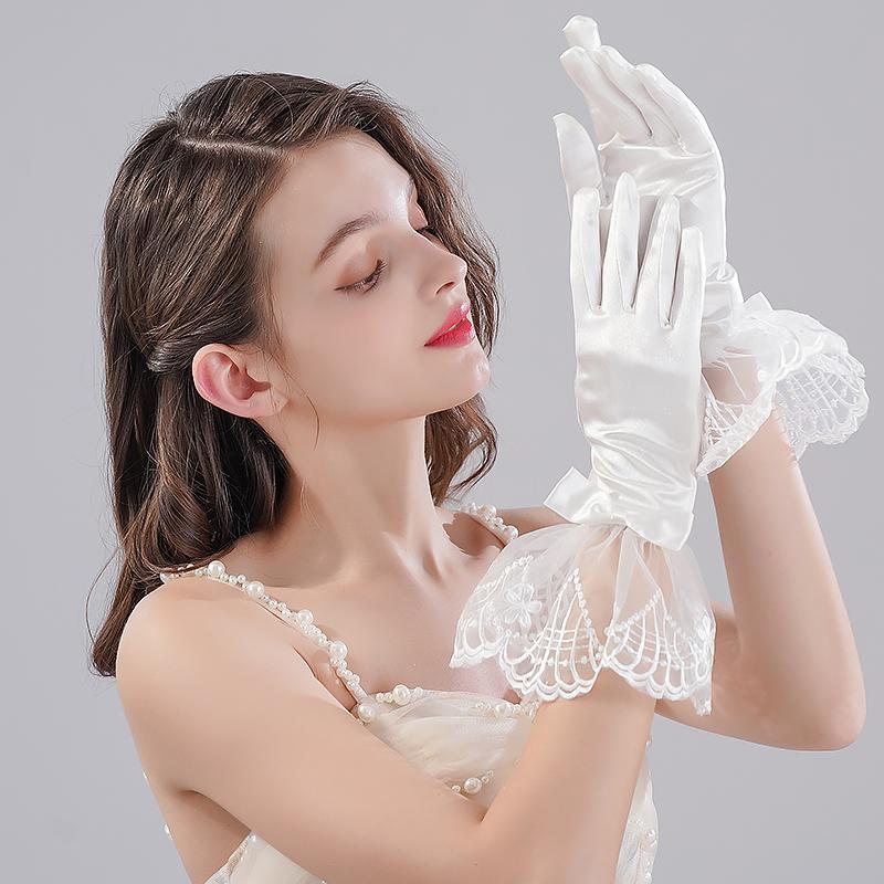 

Женские атласные банты для свиданий, декоративные кружевные свадебные перчатки с длинными пальцами, белые элегантные аксессуары для невесты