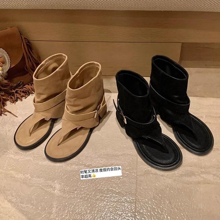 Soft leather version~ trendy ins Spice Girls mid-tube toe cool boots women's summer new breathable niche herringbone Roman sandals