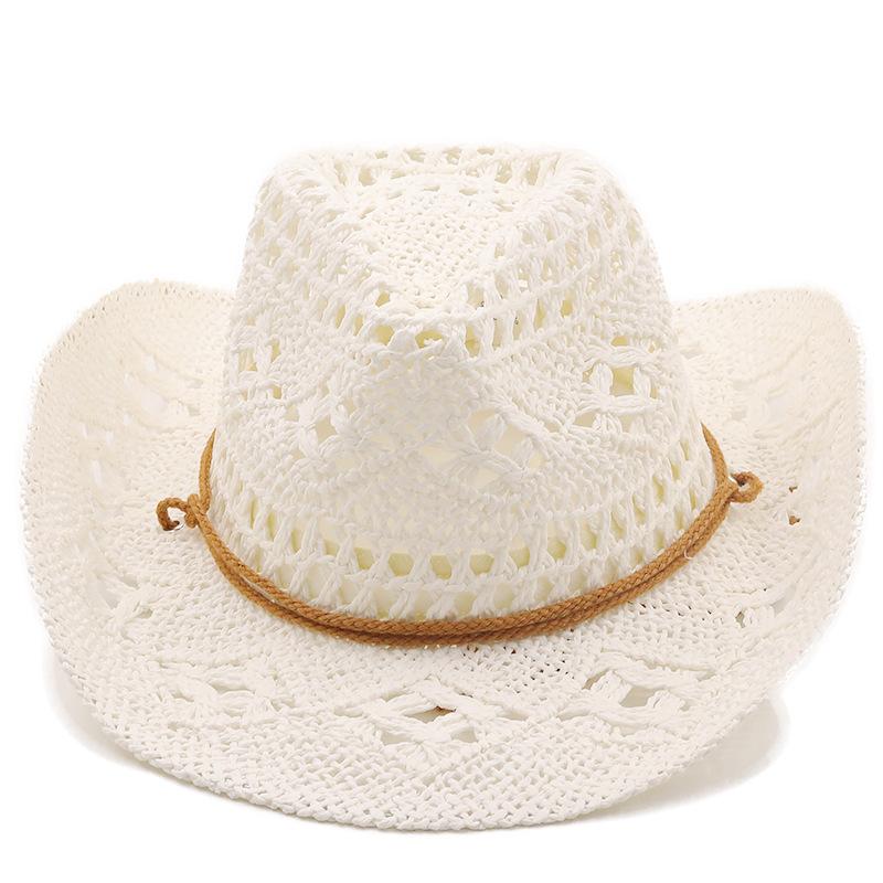 New Summer Outdoor Unisex Hollow Out Woven Cowboy Hat Sun-Protective Western Cowboy Straw Hat