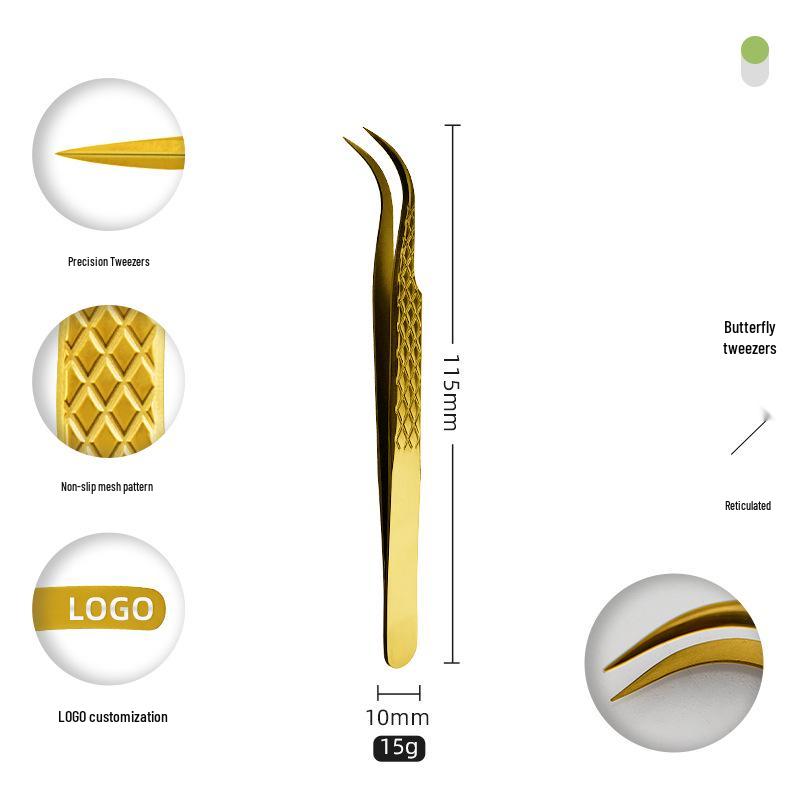Golden Feather Stainless Steel Eyelash Tweezers for Grafting and Extensions