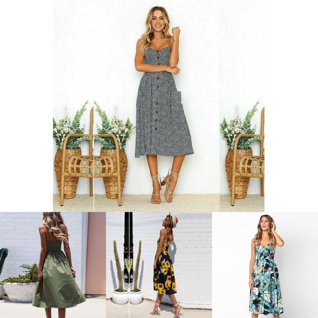 Stylish Boho Women's Summer Beach Midi Dress With Strappy Design And Button Pockets