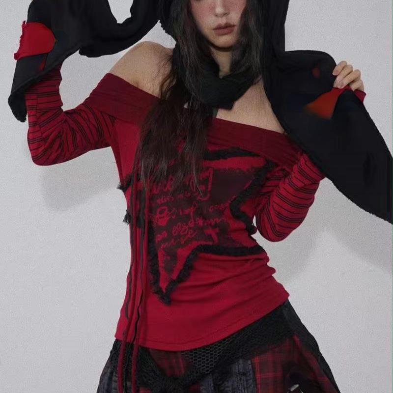 Mode Harajuku Y2k Buchstabenprint T-Shirts 2026 Langarm Schulterfrei Gestreifte T-Shirts Streetwear Damen Grunge Schrägschnitt Hals T-Shirts
