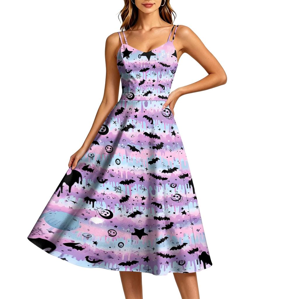 Women's Casual Round Neck Sleeveless Dress with Halloween Print for Party and Daily Wear