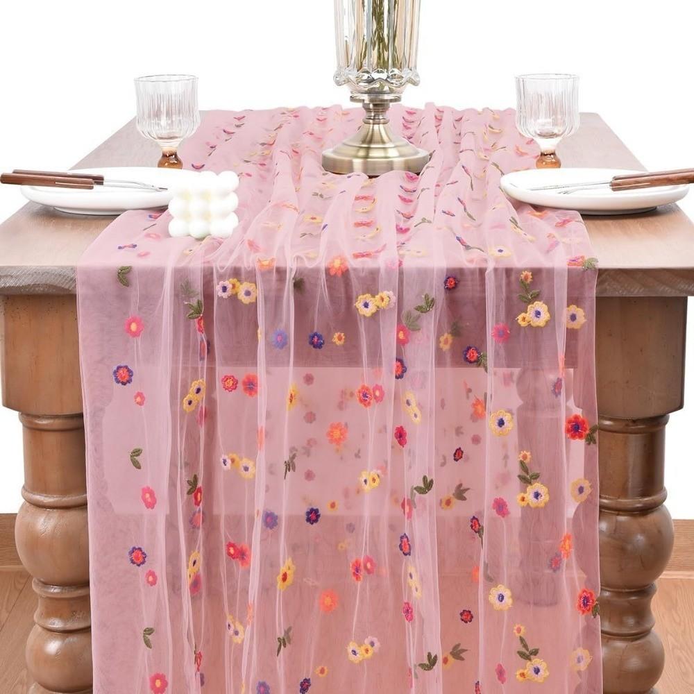 Boho Embroidery Daisy Table Runner Semi-Transparent Floral Tablecloth Colorful Table Cover  Party