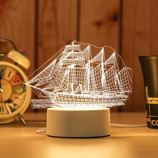 3D Hest/Båt/Tårn Akrylfargeskiftende 3-natt LED-lys Skrivebord Nattbordslampe