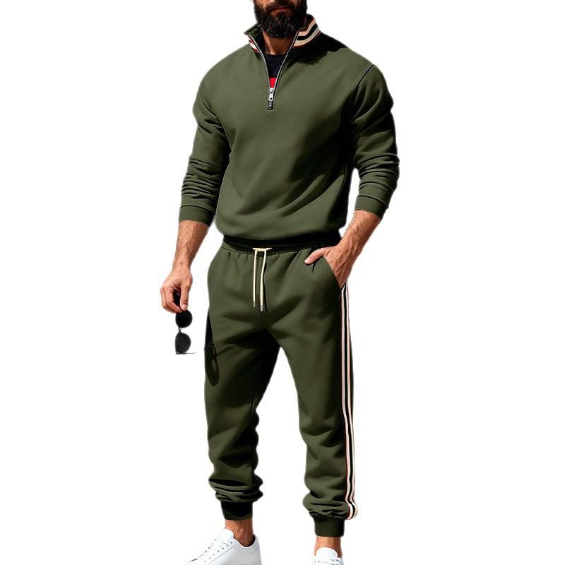 Autumn and Winter Men's Heavy Velvet Casual Sports Trend Contrasting Webbing Stand Collar Commuter Sweatshirt Suit