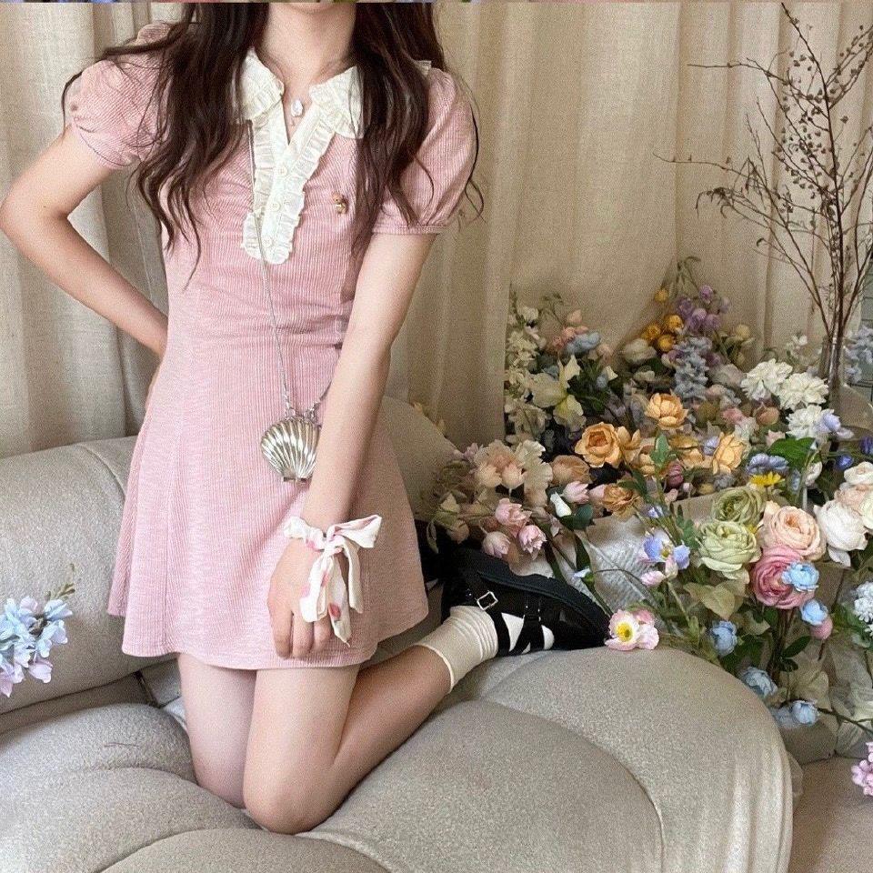 

Summer Soft Girl Japanese Lace Polo Dress: Cute, Versatile A-line with Waist-Cinching Design for Women and Students Small