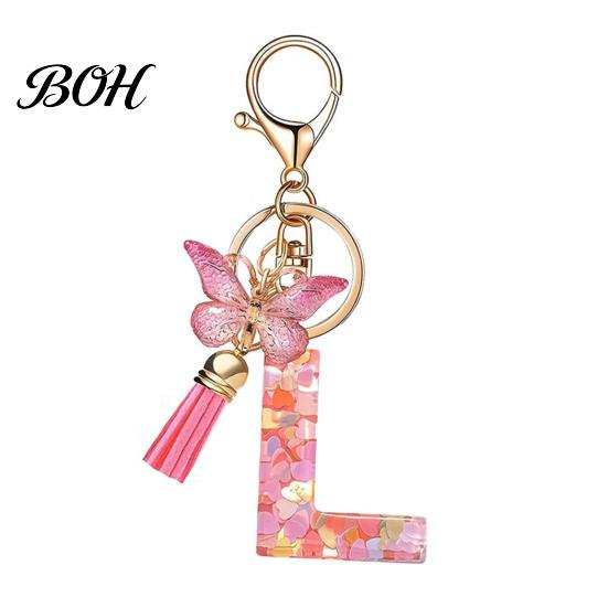 Compact Keychain Pink Series Pendant, Sequins Heart Initial Letter Charm Key Chain with Durable Butterfly Tassel Design, A-Z Holder for Bag