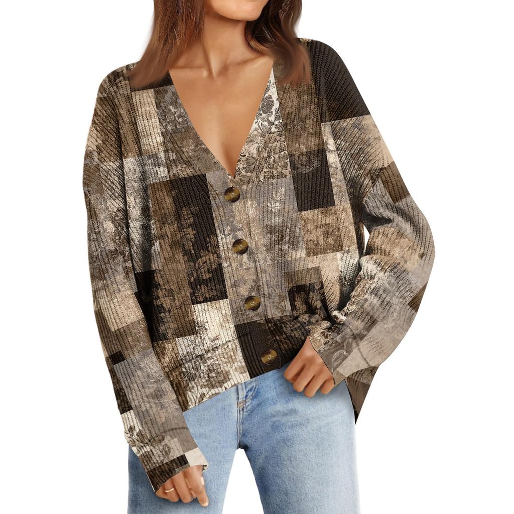 Women's Fashion Long Sleeve Print V-Neck Button Loose Cardigan Top