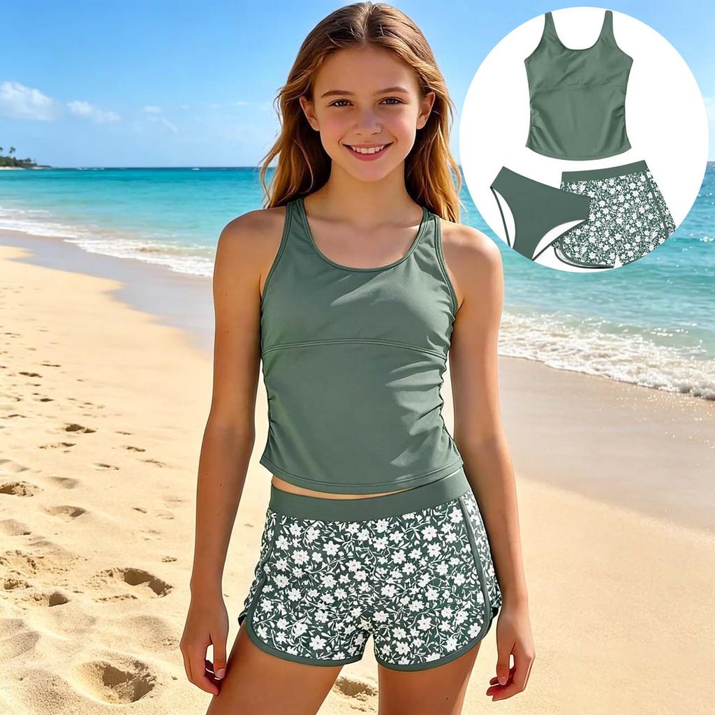 Girls Two Piece Swimsuit Tankini Top and Floral Print Swim Shorts Set Lightweight Quick Dry Fabric Comfortable Fit