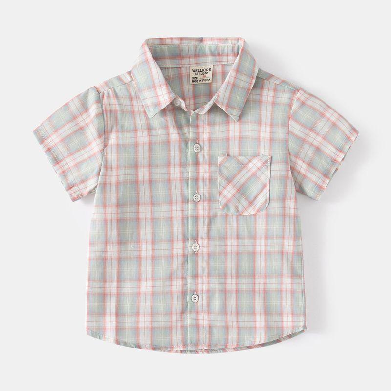 Children's Clothing Summer Boys' Casual Shirts Small and Medium-Sized Children's Lapel Plaid Shirts Cotton Comfortable Children's Short-Sleeved Tops