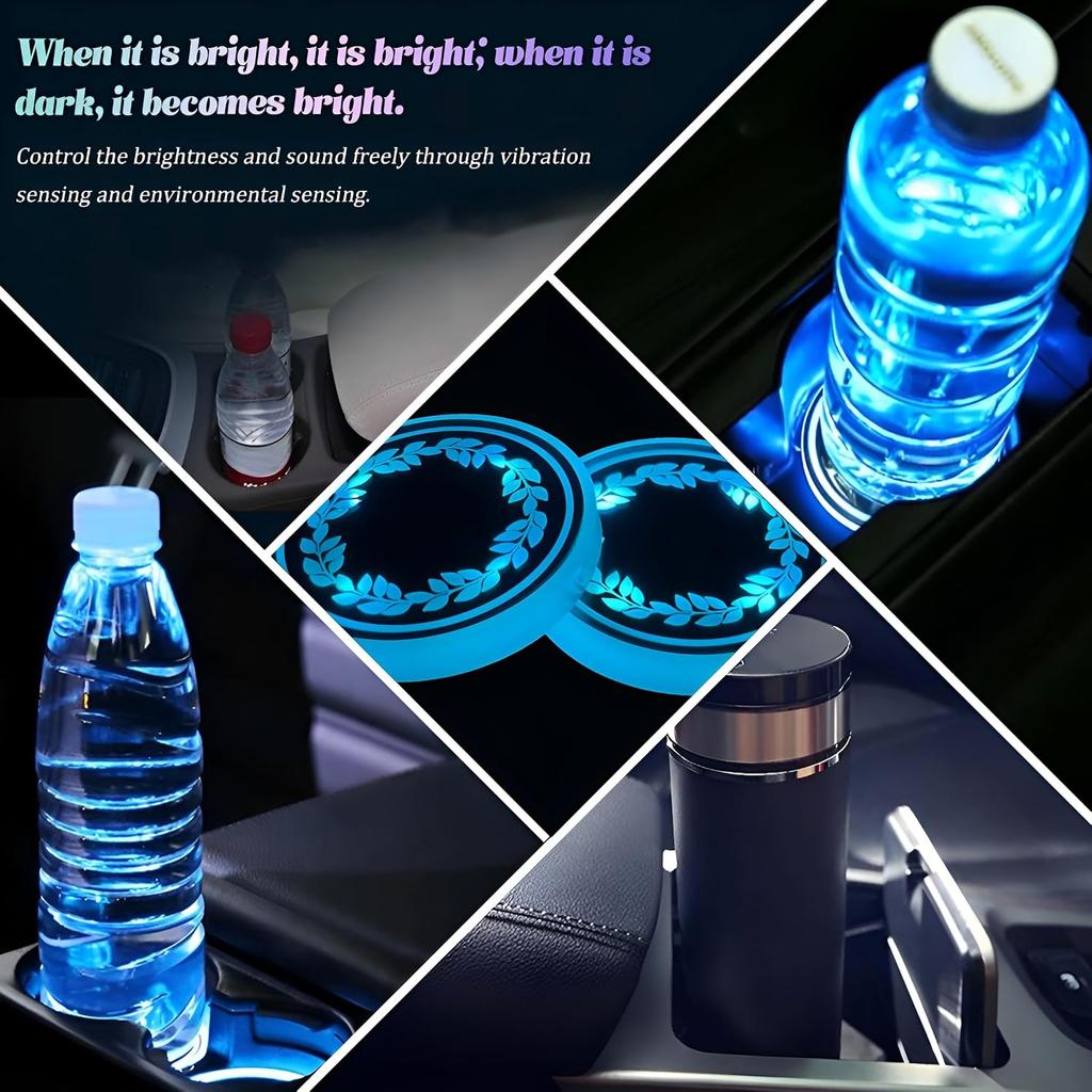 2PCS Car LED Cup Holder Coaster Light, 7 Color-Changing USB Rechargeable Vehicle Cup Holder Pad with Light Sensor, Auto Interior Luminescent