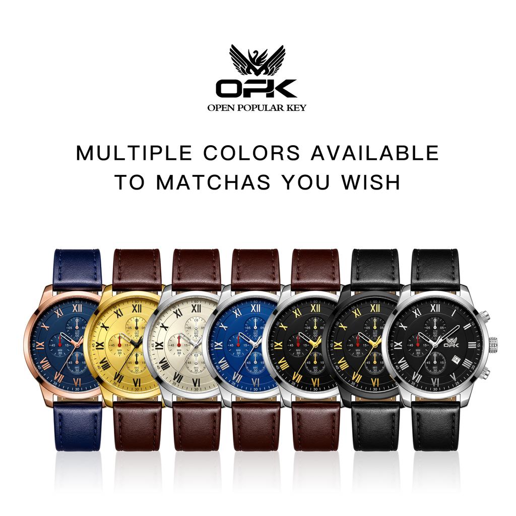 OPK 6099 Original Brand Chronograph Man Watch Leather Strap Auto Date Waterproof Sport Quartz Men's Luxury Wristwatch