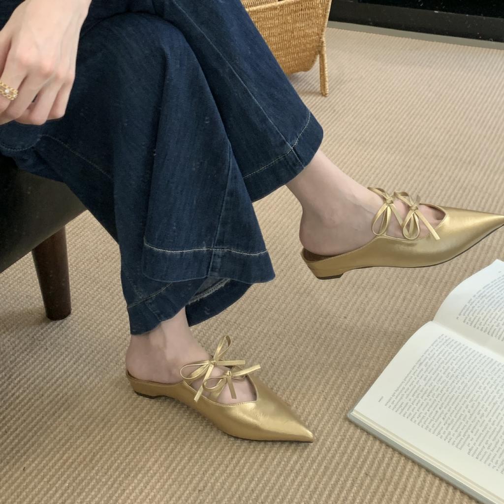 2025 New Pointed Bow Bag Head Half Drag Women Wear Versatile Flat French Lazy Muller Shoes Women