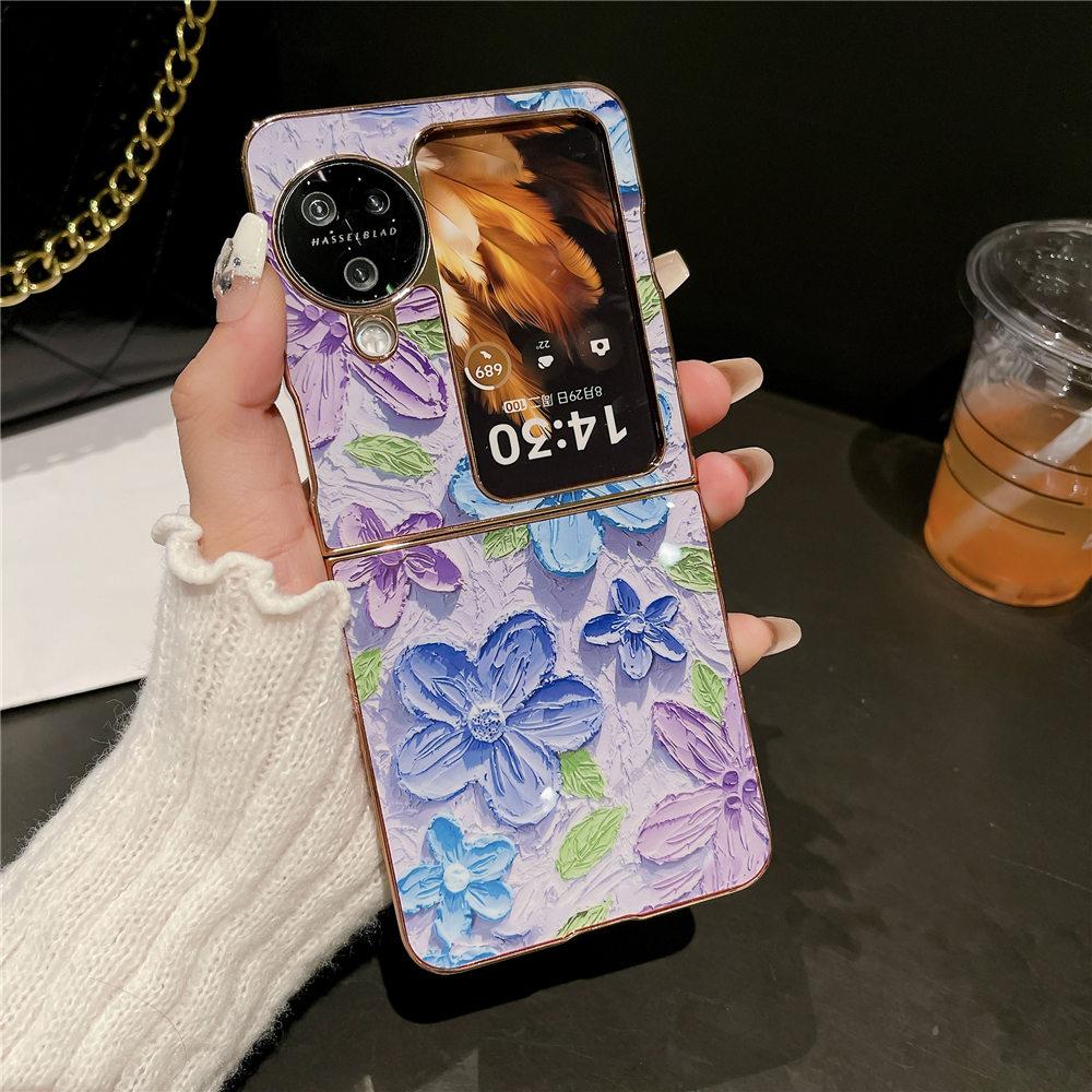Luxury Gold Plating Painting Flower Case For OPPO Find N3 Flip Find N2 Flip Shockproof Hard Back Cover Fundas