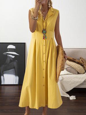 Langes Damenkleid, Anzugkragen, einfarbig, knopfleiste, ärmellos, schwingendes Kleid