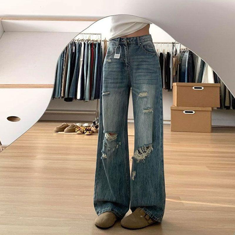 High Waisted Washed Crease Wide Leg Jeans Female Broken Holes Large Size Straight Loose Skinny Dragging Trousers Jeans for Women Long Denim Pants