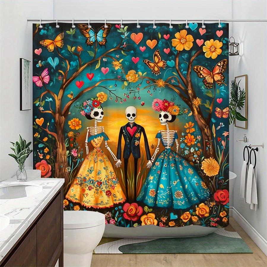 Mexican Folk Art Shower Curtain - Vibrant Skeletons, Traditional Dresses, Joyful Garden, Machine Washable, Colorful Bath Decor