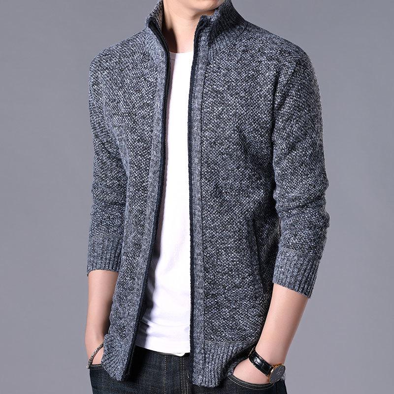 Men's Korean Style Loose Plus Size Fleece-Lined Cardigan Sweater - Solid Color, Autumn/Winter