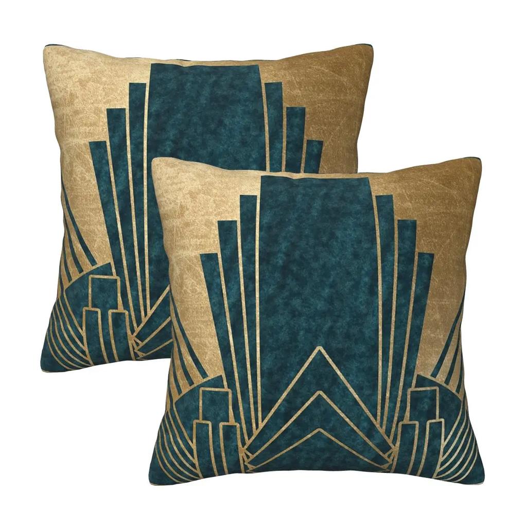 Art Deco Glamour - Teal And Gold 2 Pcs Square Pillowcase Pillow Cover Cushion Zip Decorative Comfort Throw Pillow For Home Car