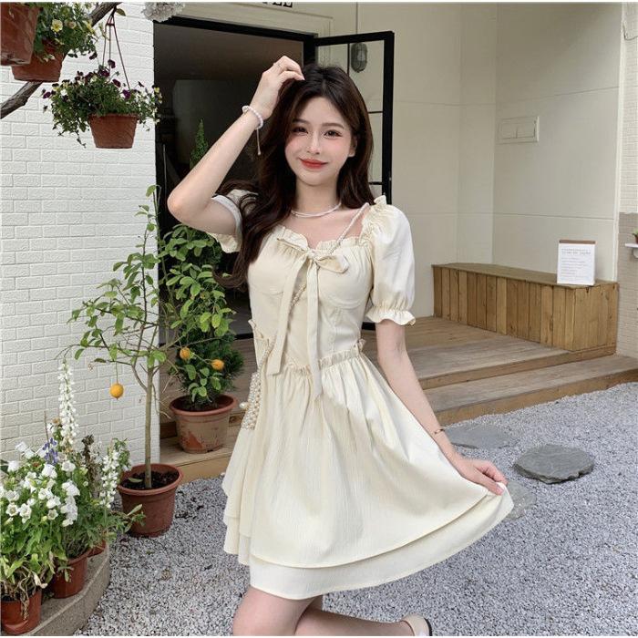 Summer Bubble Sleeve Square Neck Dress Women's New Gentle Wind Lace-up Edge Waist Short Sleeve A-Word Women's Short Skirt