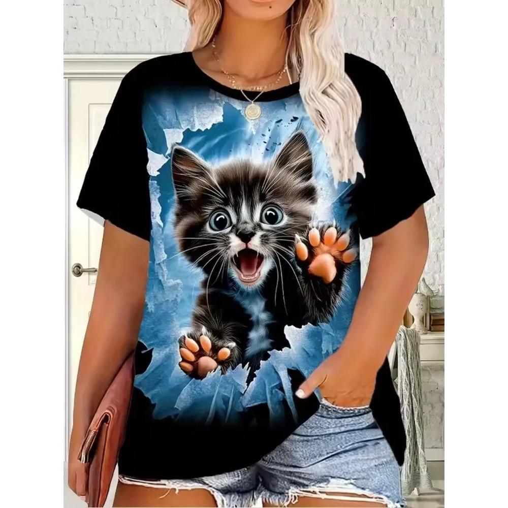 Dames T-shirt 3D Patroon Gedrukt Casual Korte Mouw Ronde Hals Top Modieuze Straat Dameskleding