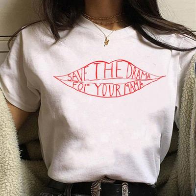 Save The Drama for Your Mama Print Cotton Woman T-shirt Y2k Fun Cartoon Lip Print Graphic Summer Fashion Casual Couple T-shirt