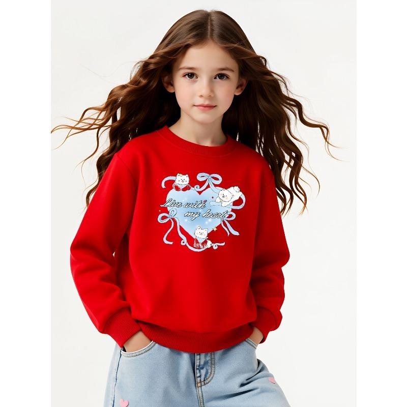 Live with My Heart Cats Ribbon Heart Unisex Crew Neck Fashion Sweatshirt, Autumn and Winter Western Style Top, Children's Long Sleeved T-shirt