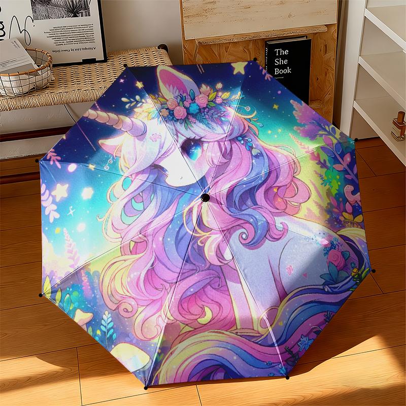 1pc Cartoon cute fantasy unicorn Umbrella Portable Folding Umbrella Iron Frame Hole Bone Structure Outdoor Home Umbrella