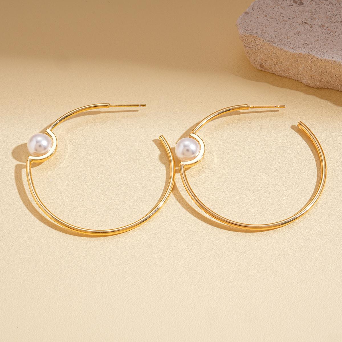 18k real gold electroplated imitation pearl geometric round silver needle earrings simple earrings