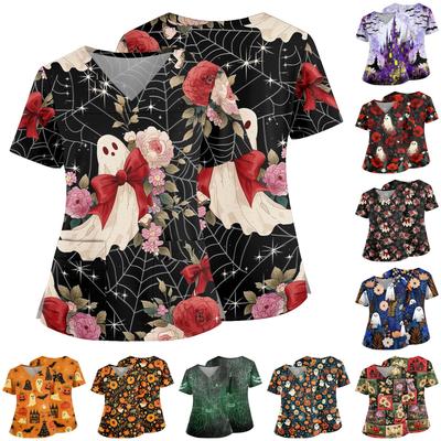 Damen Halloween Print V-Ausschnitt Medizinischer Kasack mit Taschen Seitenschlitzen Kurze Ärmel Krankenschwester Uniformhemd für medizinisches Fachpersonal