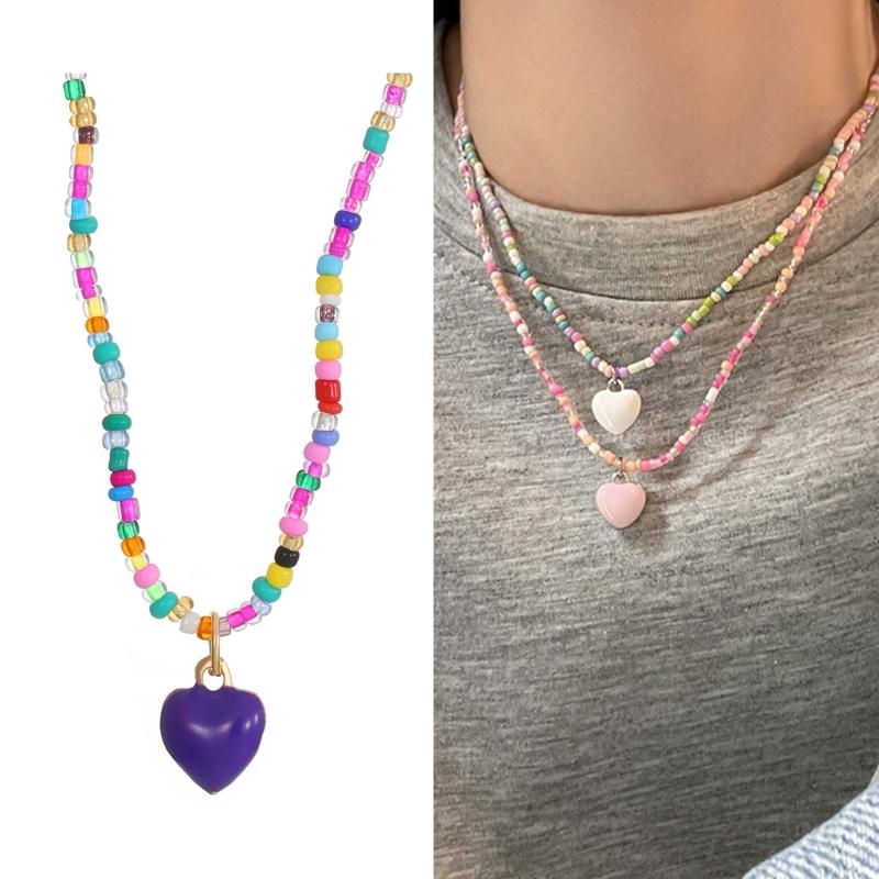 Colorful Beaded Necklaces Women Adjustable Heart Shapes Pendant Neckchains Bohemian Choker Colorful Accessory for Party