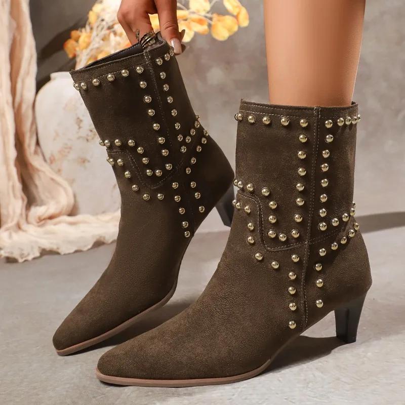 Fashion 2025Fashion Fine Heel Single Boots New Retro Women's Shoes Square Toe Rivet Non-slip Wear-resistant Mid-tube High-heeled Boots
