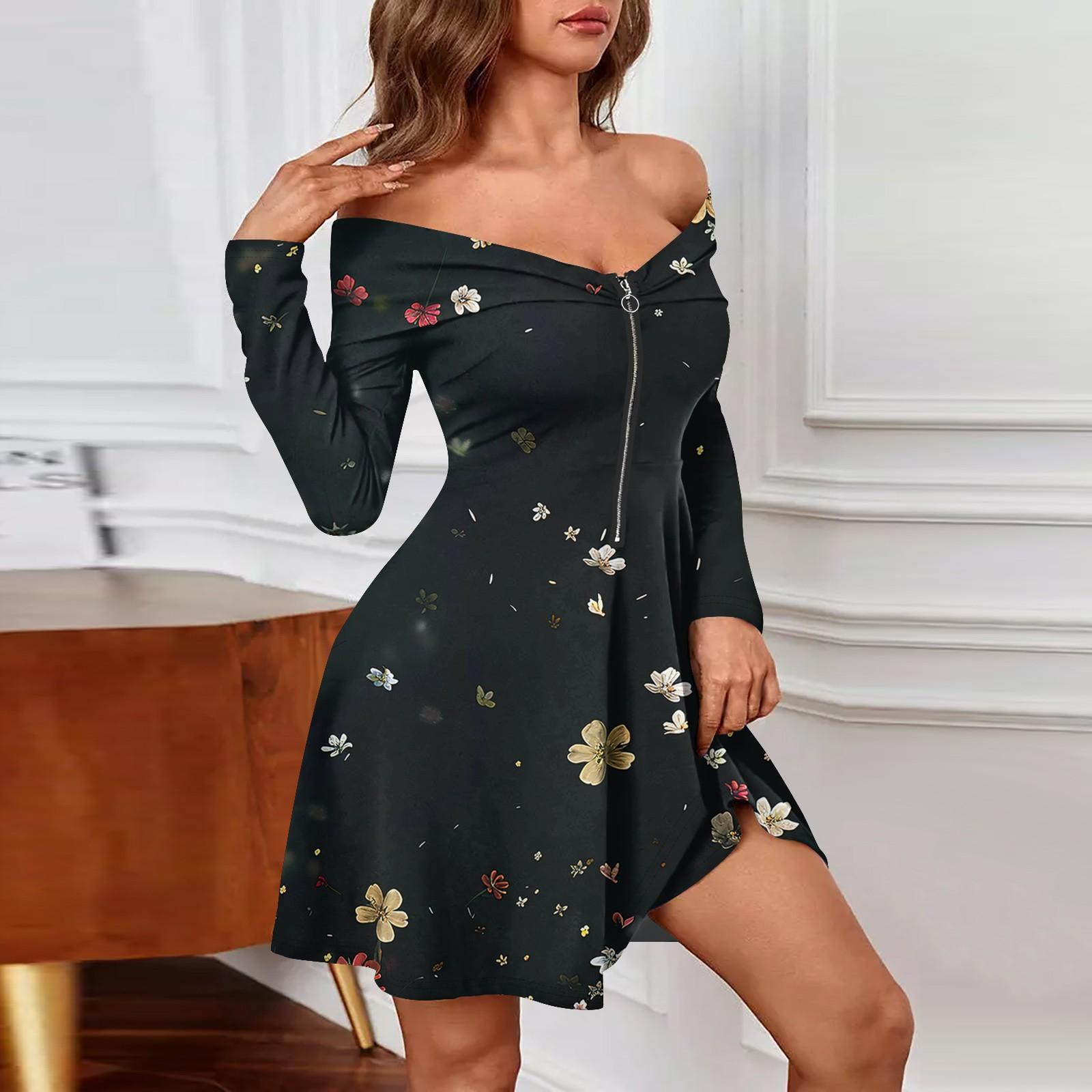 

Женские повседневные модные сексуальные платья с открытыми плечами и длинным рукавом с принтом на молнии L