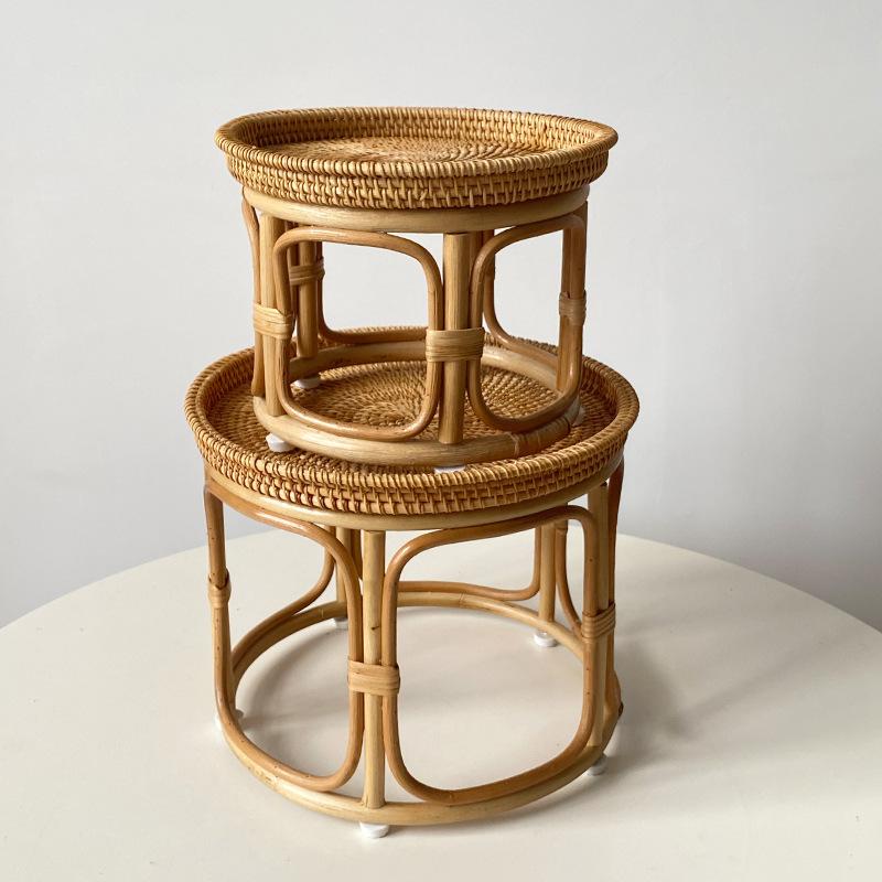 Handwoven Rattan Balcony Side Table Vintage Tea Sofa Coffee Table Durable Dessert and Snack Stand Japanese Bedroom Organizer