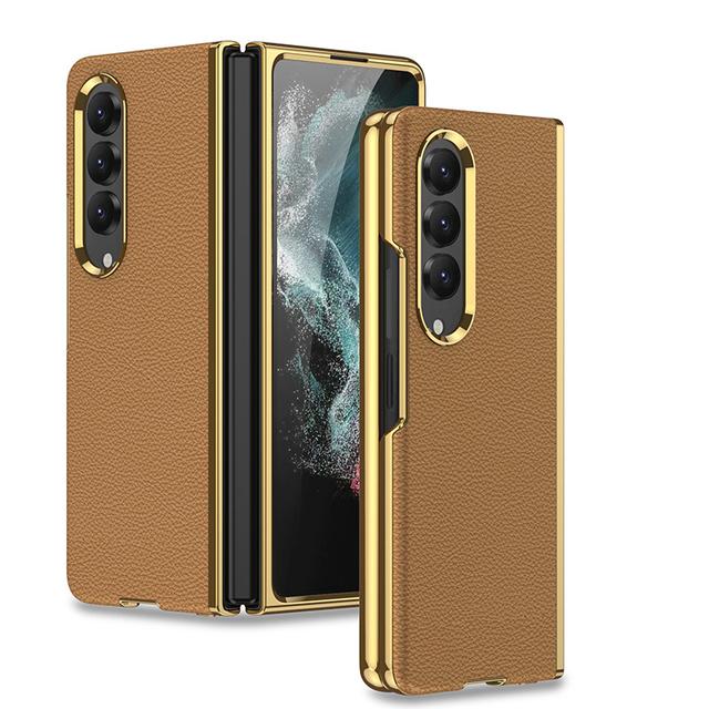 Ebesfous Plain Leather Phone Case For Samsung Galaxy Z Fold 4 5g Folding Case For Fold4 Plating Curved Creative Anti -Drop Case