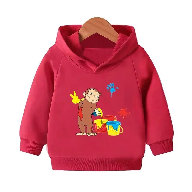 Curious George Cute Monkey Print Funny Kids Hooded Hoodies Girls Clothes Children Sweatshirts Autumn Baby Pullover Tops