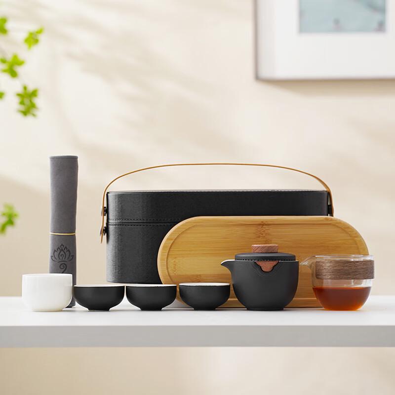 Portable Kung Fu Tea Set Black Bag Gongdao Cup Style
