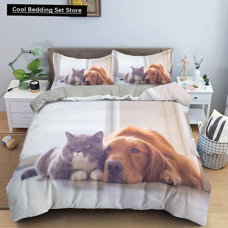 Dog Cat King Queen Duvet Cover Pet Kitty Puppy Bedding Set for Kids Teens Adults Lovely Animals Blue Soft 2/3pcs Quilt Cover