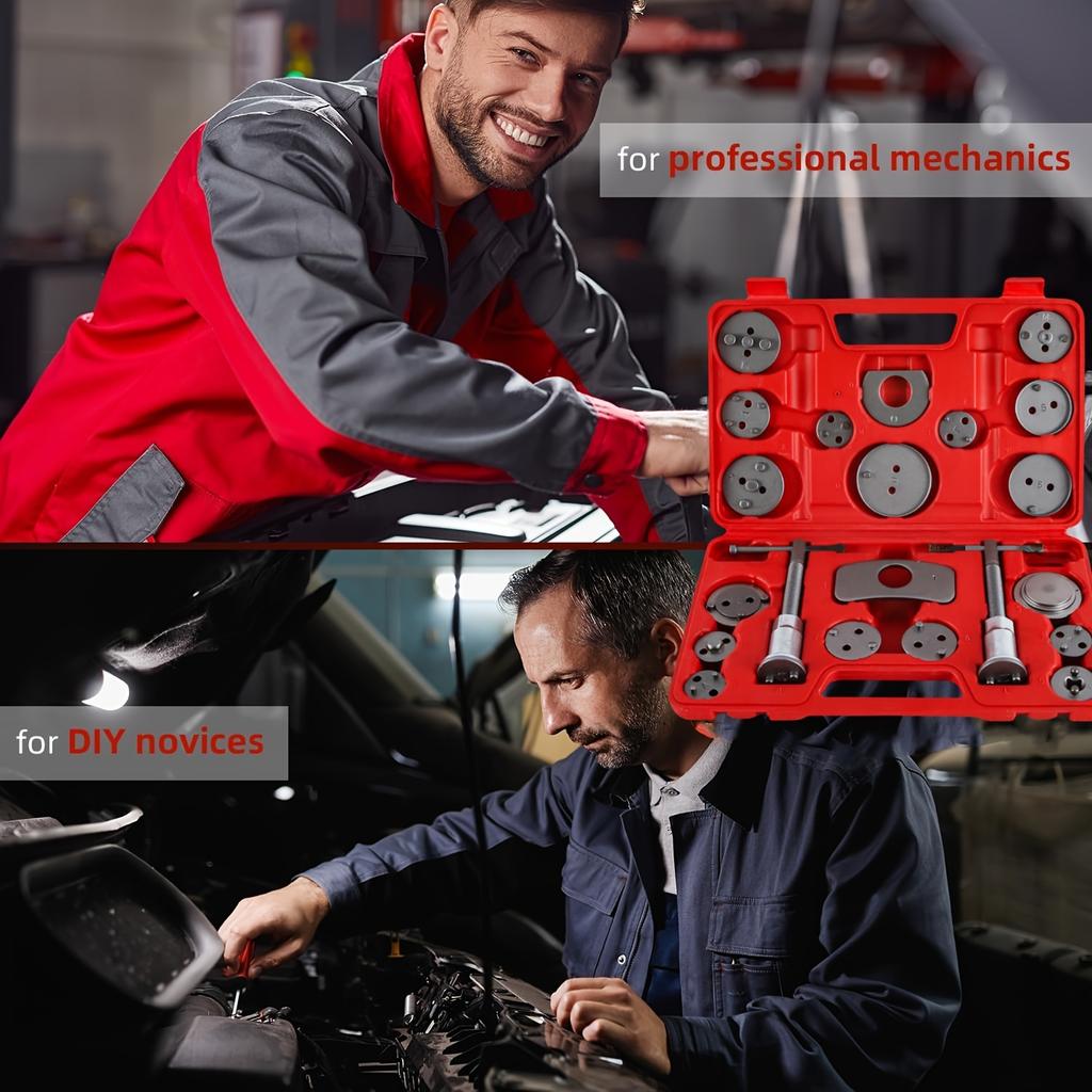 24Pcs Disc Brake Caliper Piston Compressor Rewind Tool Set with 18 Adapters, Dual Handed Thrust Bolts, Retainer Plates and Glove