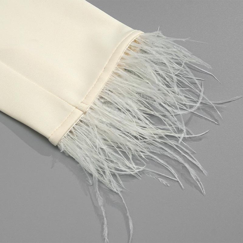 2024 Herbst Einfarbiges Feder-Patchwork Slim Kleid mit Rundhalsausschnitt