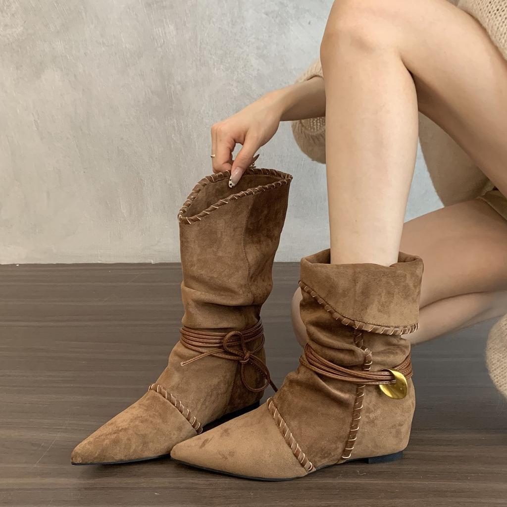 Inner heightened pointed retro babes booties women's 2025 autumn/winter single boots brown maillard western cowboy boots.