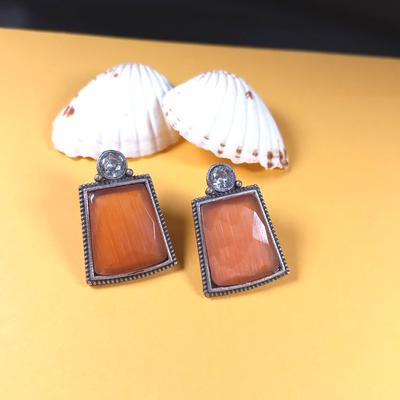 Stylish Silver Look A Like Oxidised Plated Orange Stone Big Stud Earring for Women and Girls